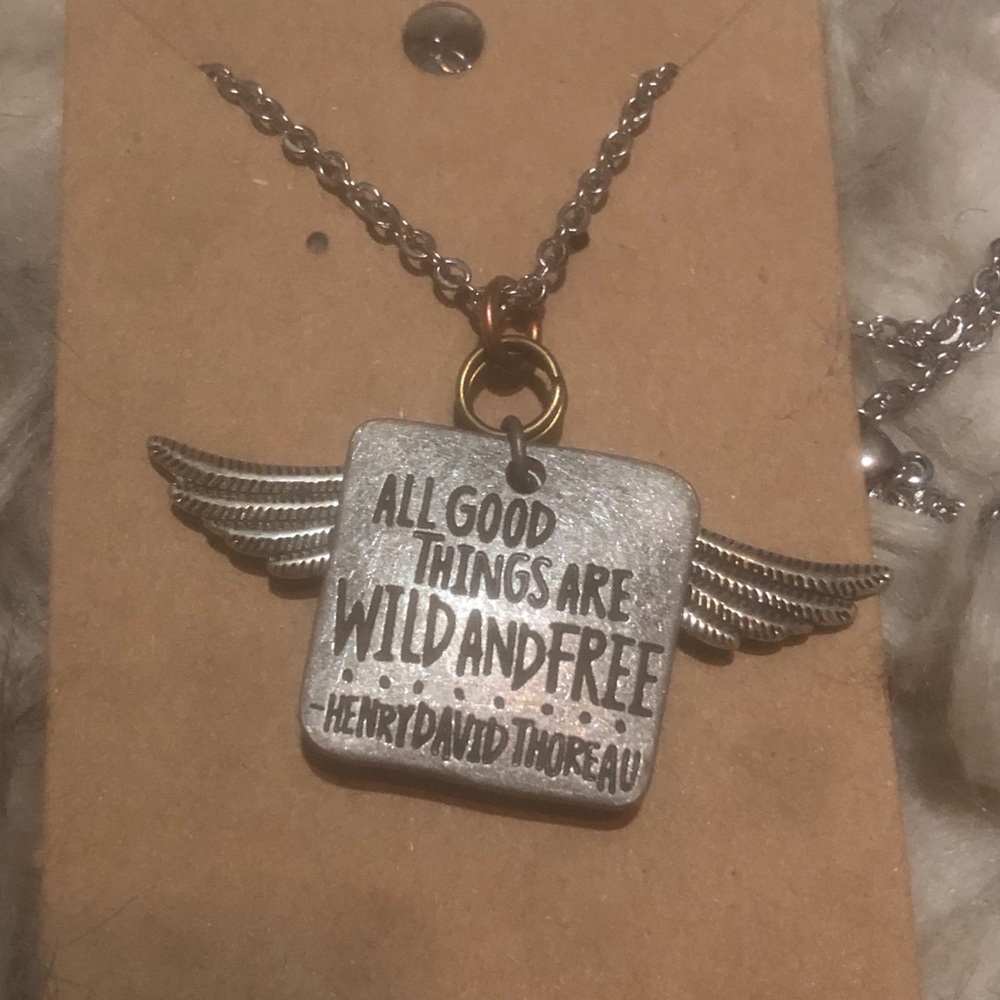 Silver-tone 'All Good Things Are Wild and Free' Wing Pendant Necklace